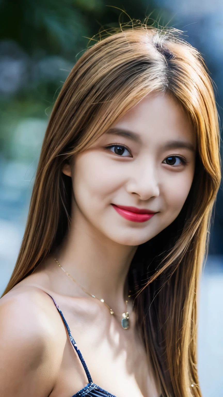 image of a girl in dubai realistic image of a 20 year old girl, solo, red lipstick, red lips glossy, long black hair, beatiful breasts, looking at viewer, blonde hair, bare shoulders, black eyes, jewelry, full body, necklace, off shoulder, short blue blouse, lips, realistic, nose, flirting with camera, masterpies, smiling face with dimple