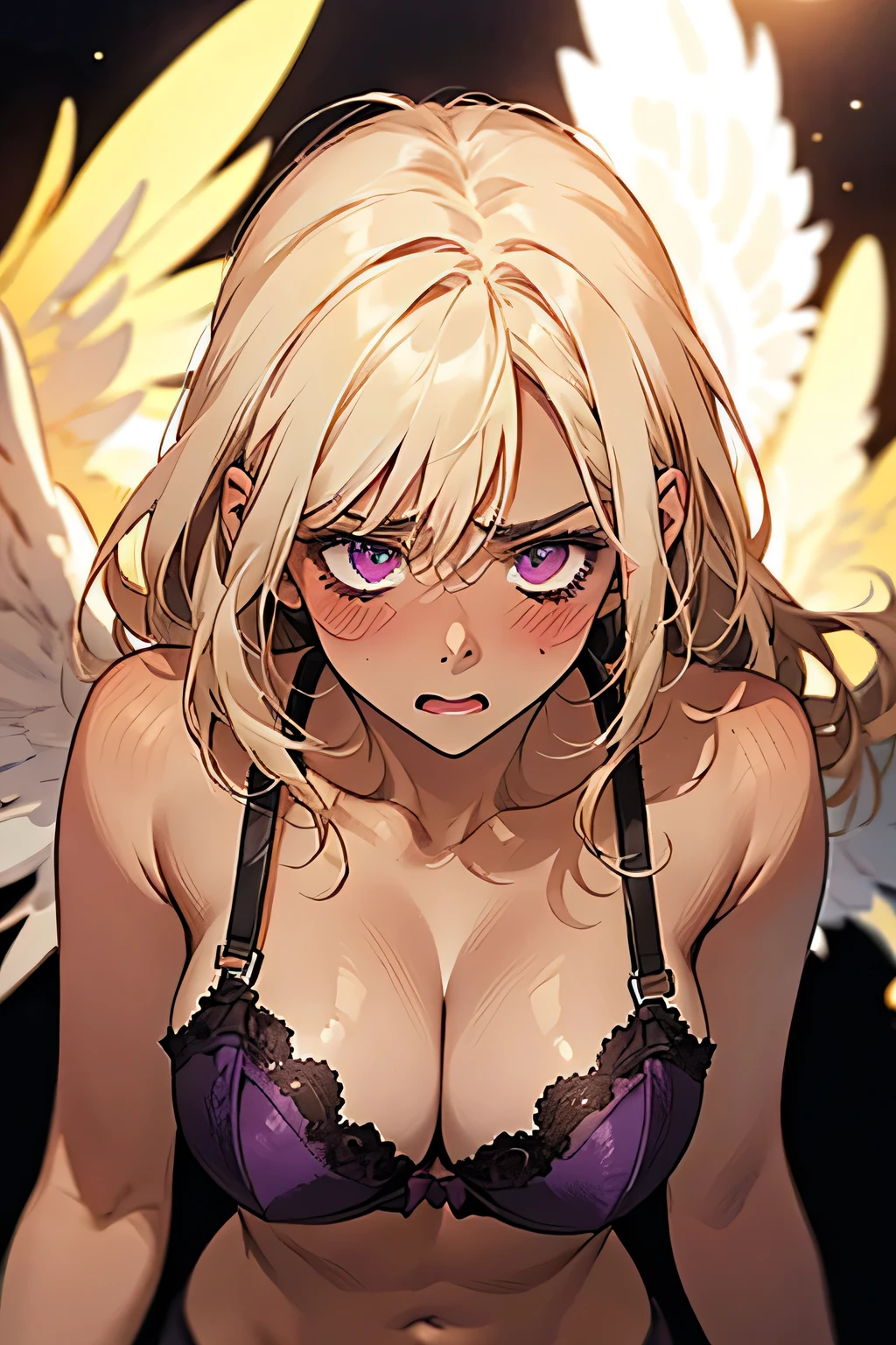 ((blonde)),((anger:1.1)),((Embarrassing:1.1)),((Blush 1.5)),Purple eyes,Large Breasts,Dark purple bra,((Brown Skin:1.5)),Angel Wings,face down. Background is indoor,night.