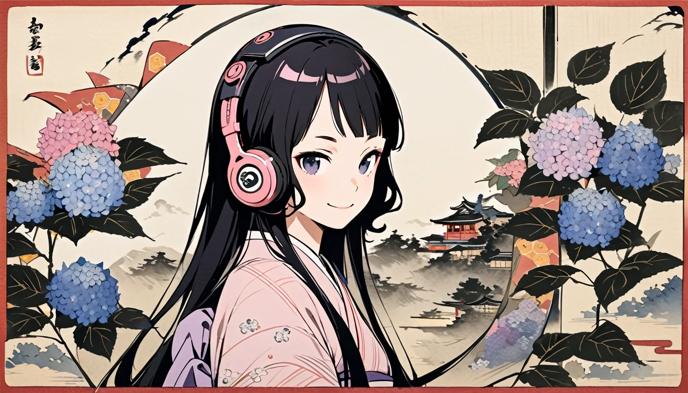 Highest quality, Katsushika Hokusai, Ink Painting, (((very straight longhair))), (((hydrangea))), (((Pale pink kimono))), (((smile))), Japanese style headphones, beautiful girl, Black Hair, Delicate and precise, Modern ukiyo-e style