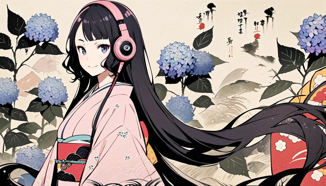 Highest quality, Katsushika Hokusai, Ink Painting, (((very straight longhair))), (((hydrangea))), (((Pale pink kimono))), (((smile))), Japanese style headphones, beautiful girl, Black Hair, Delicate and precise, Modern ukiyo-e style