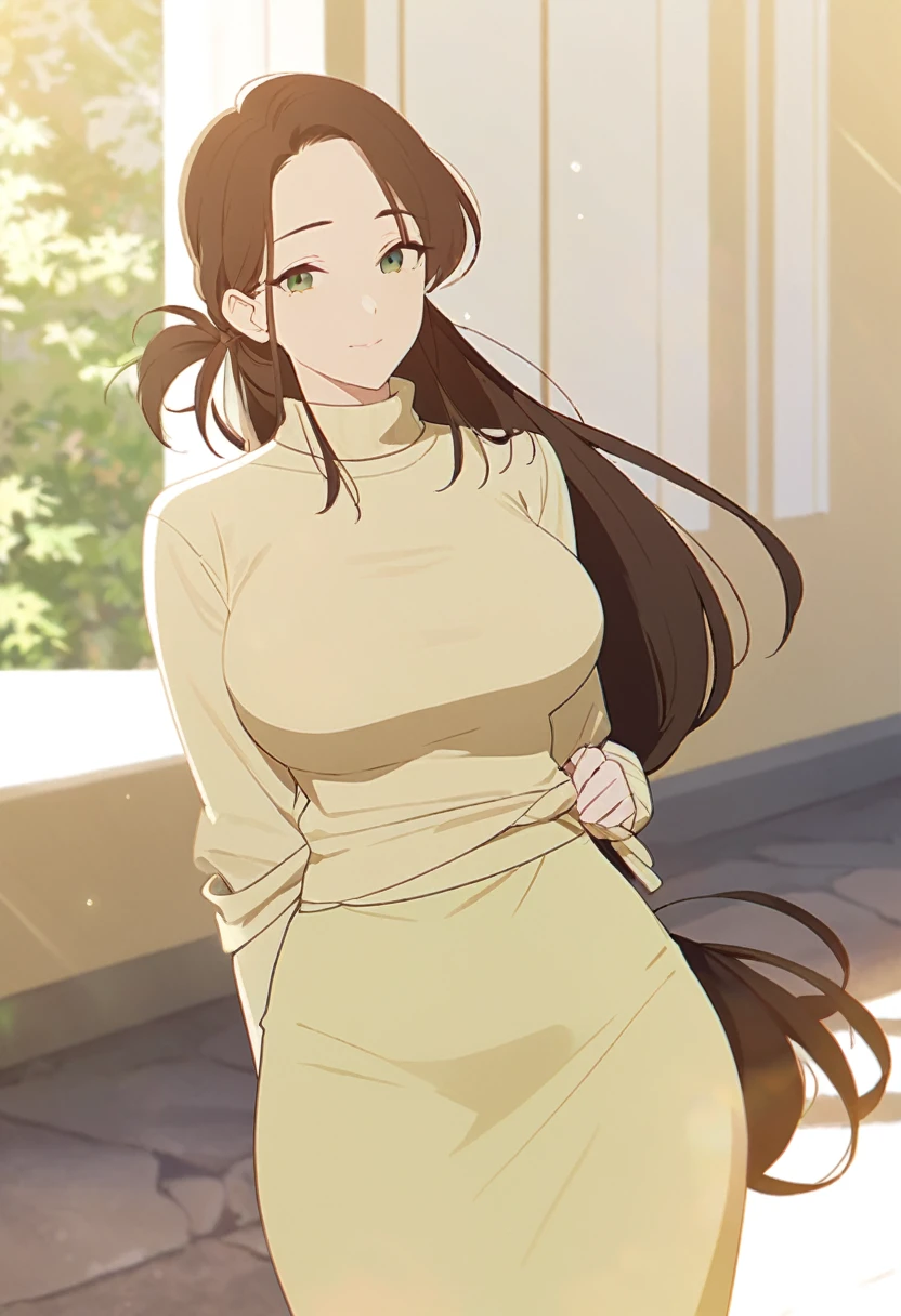 (Tall woman in her 30s,Brown Hair,Long hair tied up on the right side,Green Eyes,Medium Chest,wide thighs,Her tied up hair is longer than her shoulders)Pale yellow sweater outfit,Long skirt in light green