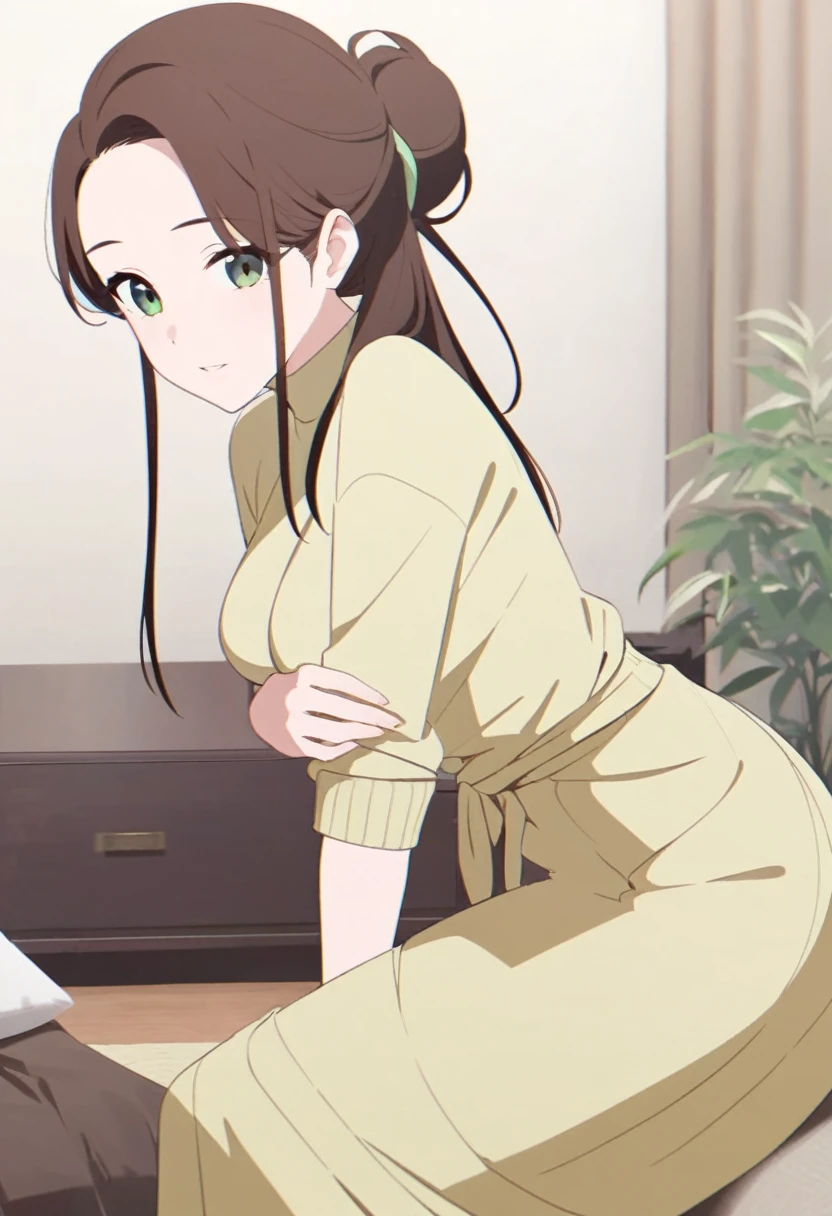 (Tall woman in her 30s,Brown Hair,Long hair tied up on the right side,Green Eyes,Medium Chest,wide thighs,Her tied up hair is longer than her shoulders)Pale yellow sweater outfit,Long skirt in light green