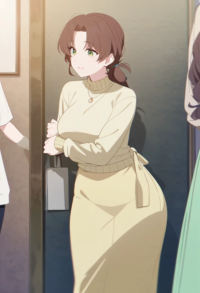 (Tall woman in her 30s,Brown Hair,Long hair tied up on the right side,Green Eyes,Medium Chest,wide thighs,Her tied up hair is longer than her shoulders)Pale yellow sweater outfit,Long skirt in light green