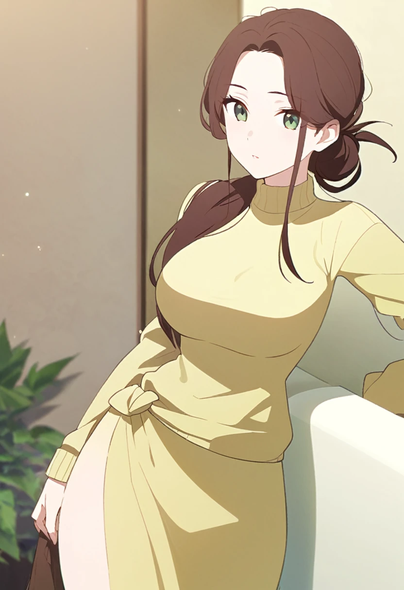 (Tall woman in her 30s,Brown Hair,Long hair tied up on the right side,Green Eyes,Medium Chest,Thick Ass,Her tied up hair is longer than her shoulders)Russet vertical sweater,Long skirt in light green