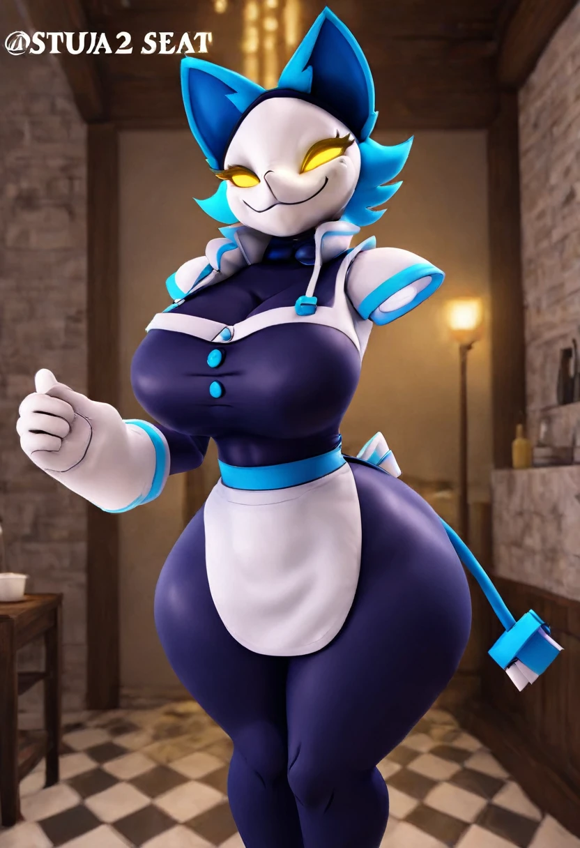 (best qualityer, masterpiece1.2), 1 girl, standing alone, ten mens, cally3d, (task), Dark blue body, hair blue, Woman, housekeeper, white face, mitts, Cat's ears, sensuous, detailded, extreme detail, perfect lighting, 4K, yellow eyes, Tail cap,