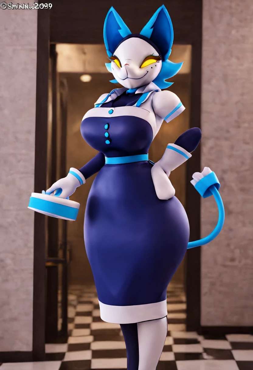 (best qualityer, masterpiece1.2), 1 girl, standing alone, ten mens, cally3d, (task), Dark blue body, hair blue, Woman, housekeeper, white face, mitts, Cat's ears, sensuous, detailded, extreme detail, perfect lighting, 4K, yellow  eyes, Tail cap,