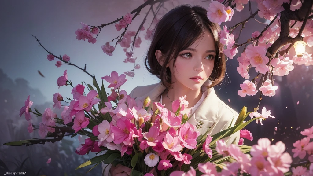 32k, Masterpiece, Highest quality, One girl, Brown Hair, Detailed eyes, flower,Freesia, Pink and navy style,A dreamy, romantic piece,Pale yellow, Mysterious Leaves,A playful arrangement,Fantasy,High Contrast,Ink strokes,explosion,Exposure, Impression of pink and navy tones,Abstract,((Watercolours by John Berkey and Jeremy Mann )) Brush strokes,Negative Space, Tyndall effect,