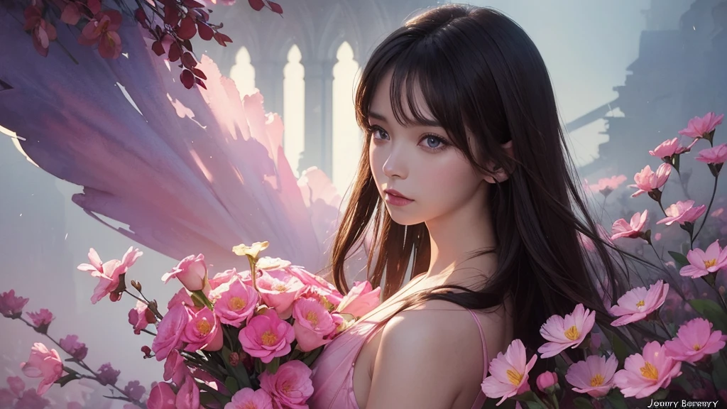 32k, Masterpiece, Highest quality, One girl, Brown Hair, Detailed eyes, flower,Freesia, Pink and navy style,A dreamy, romantic piece,Pale yellow, Mysterious Leaves,A playful arrangement,Fantasy,High Contrast,Ink strokes,explosion,Exposure, Impression of pink and navy tones,Abstract,((Watercolours by John Berkey and Jeremy Mann )) Brush strokes,Negative Space, Tyndall effect,