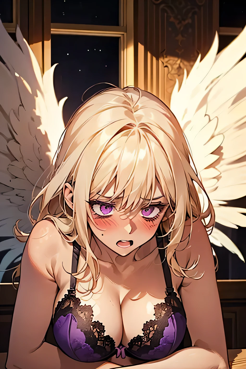 ((blonde))，((anger:1.1)),((Embarrassing:1.1)),((Blush 1.5))，Purple eyes，Large Breasts，Dark purple bra，((Brown Skin:1.5))，Angel Wings，face down. Background is indoor，night.