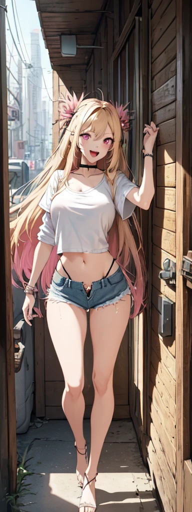 best quality,ultra-detailed,high resolution,extremely detailed cg,anime picture,unity 8k wallpaper,
blond hair,pink eyes,long hair,ripped shorts,white shirt,purse,navel,looking at viewer,hair ornament,smile,pov doorway,open mouth,denim,x hair ornament,cyberpunk, huge breats