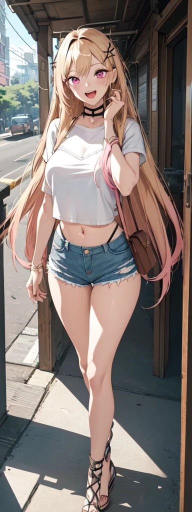 best quality,ultra-detailed,high resolution,extremely detailed cg,anime picture,unity 8k wallpaper,
blond hair,pink eyes,long hair,ripped shorts,white shirt,purse,navel,looking at viewer,hair ornament,smile,pov doorway,open mouth,denim,x hair ornament,cyberpunk, huge breats