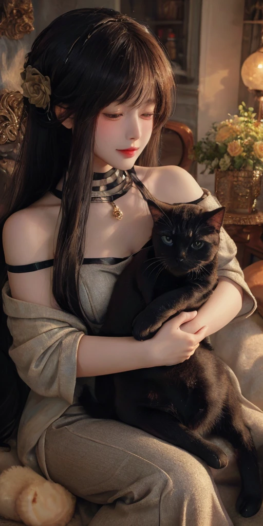 (best quality, masterpiece, extremely detailed, high depth of field, film tone, intricate descriptive details, 8K), The girl has a serene expression, her eyes closed in contentment, while the cat nestles comfortably in her arms, purring softly. The girl’s hair cascades down her shoulders, and she wears a cozy, soft sweater. The cat has a fluffy coat, with its eyes half-closed in relaxation. The background is softly lit, creating a warm and intimate atmosphere. The scene captures a tender moment, emphasizing the bond between the girl and her feline companion, This image is an extraordinarily complex and sophisticated masterpiece.