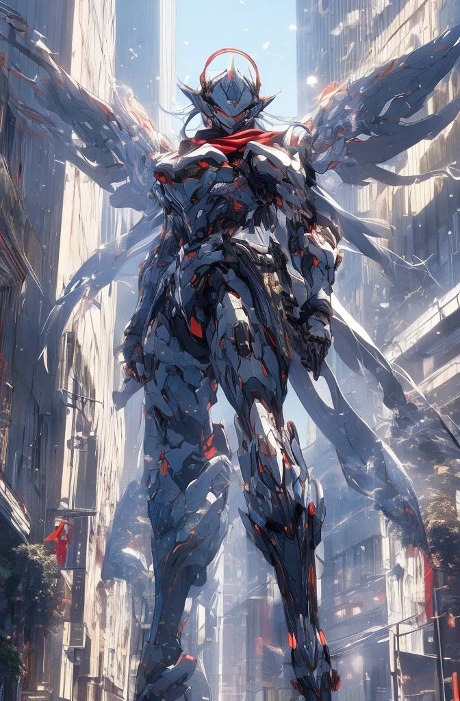 (Female Ninja Cruel Mech: 1.3, Full Body Covered Mechanic, Heavy AWP on the back, DSLR, light tracking, 3D, conceptual art, action painting, movie lighting, chiaroscuro) :(1.3). Highlighting the curve of the chest., long white ponytail hair looks elegant and attractive. 8K resolution like a masterpiece, (Murderous death and fear): 0.5, long red scarf fluttering in the wind, war-torn city backdrop.