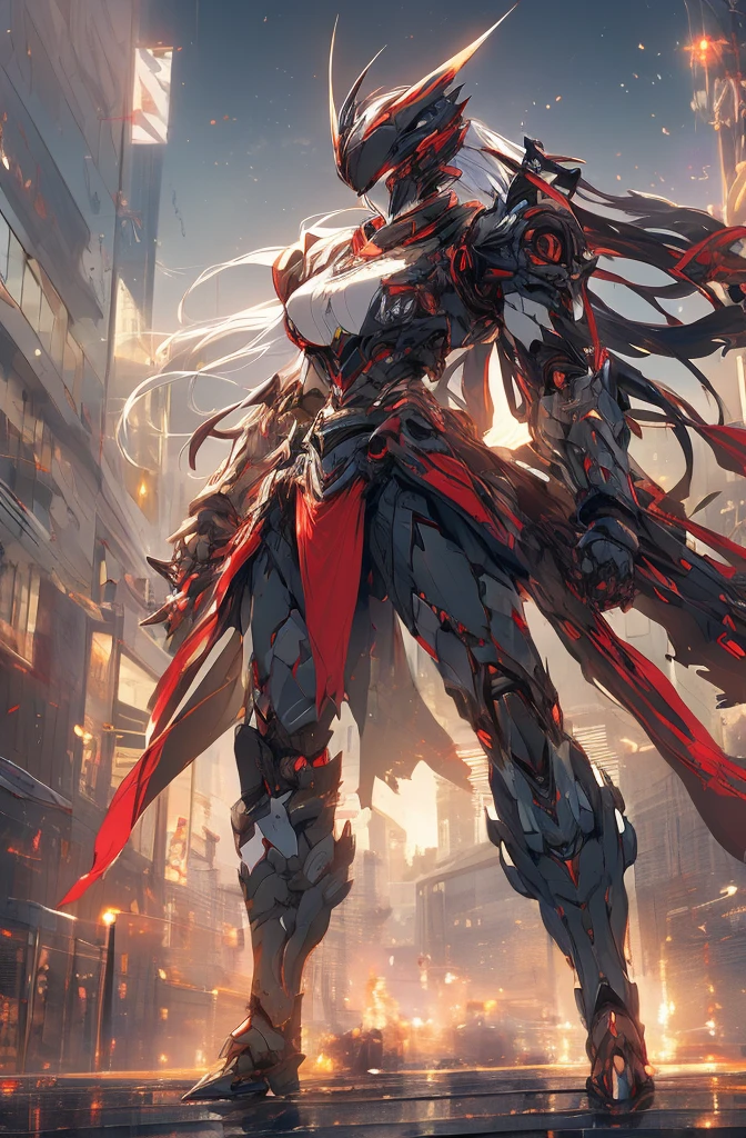 (Female Ninja Cruel Mech: 1.3, Full Body Covered Mechanic, Heavy AWP on the back, DSLR, light tracking, 3D, conceptual art, action painting, movie lighting, chiaroscuro) :(1.3). Highlighting the curve of the chest., long white ponytail hair looks elegant and attractive. 8K resolution like a masterpiece, (Murderous death and fear): 0.5, long red scarf fluttering in the wind, war-torn city backdrop. 