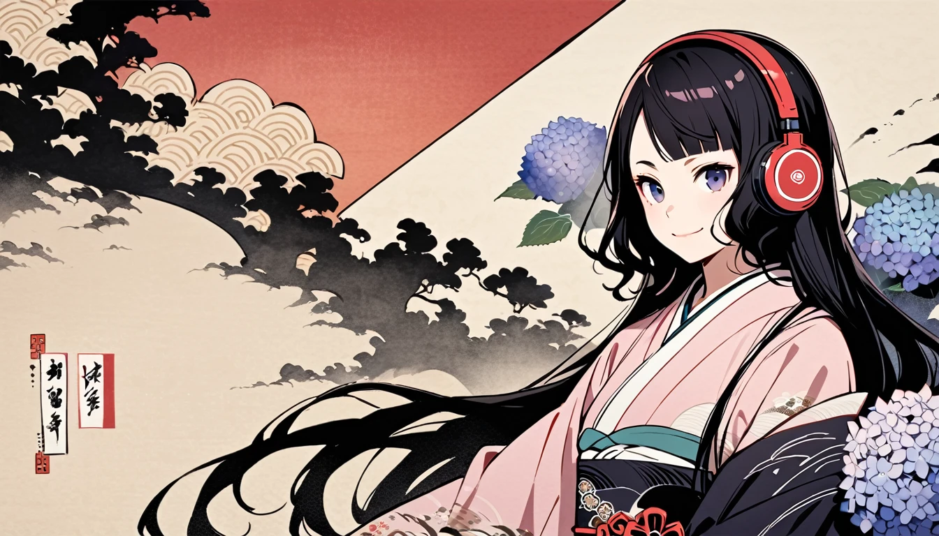 Highest quality, Katsushika Hokusai, Ink Painting, (((very straight longhair))), (((hydrangea))), (((Pale pink kimono))), (((smile))), Japanese style headphones, beautiful girl, Black Hair, Delicate and precise, Modern ukiyo-e style