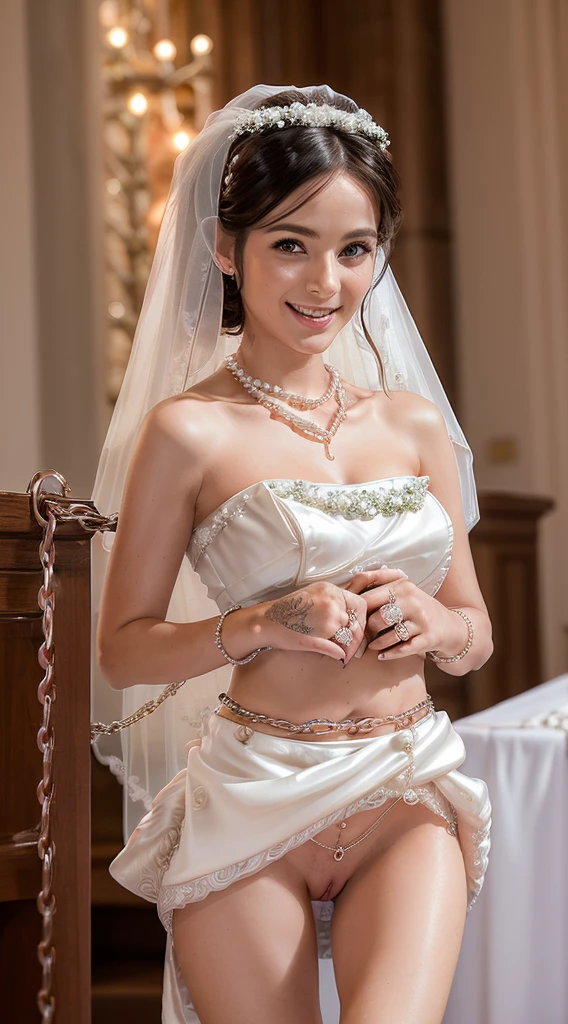 ( 32 year old pussy goddess mother being getting married to her scene:1.9)), (one ultra sexual super seductive 32 year old sexy angelic horny incredibly gorgeous supermodel with goddess pussy bride showing her pussy chain to her son:1.7), ((diamond pussy ring with a chain:1.8)), (( pearl chain pussy piercing:1.7)), pinned against a wall, high quality fingers, high quality hands, perfect teeth, detailed fingers, masterpiece, (she is wearing an ultra sexy micro-mini bridal skirt:1.7), ((detailed designer clothing:1.5)) (realistic, photo-realistic:1.37), (full body:1.5), (masterpiece), best quality, ultra beautiful woman, (thin slender legs:1.5), FF cupped breasts, deep cleavage:1.5, thin waist, perfect teeth, blonde hair, bright blue eyes, cute round ass, with a fun quirky smile, unbuttoned blouse, inside a church getting married to her son , view from front 