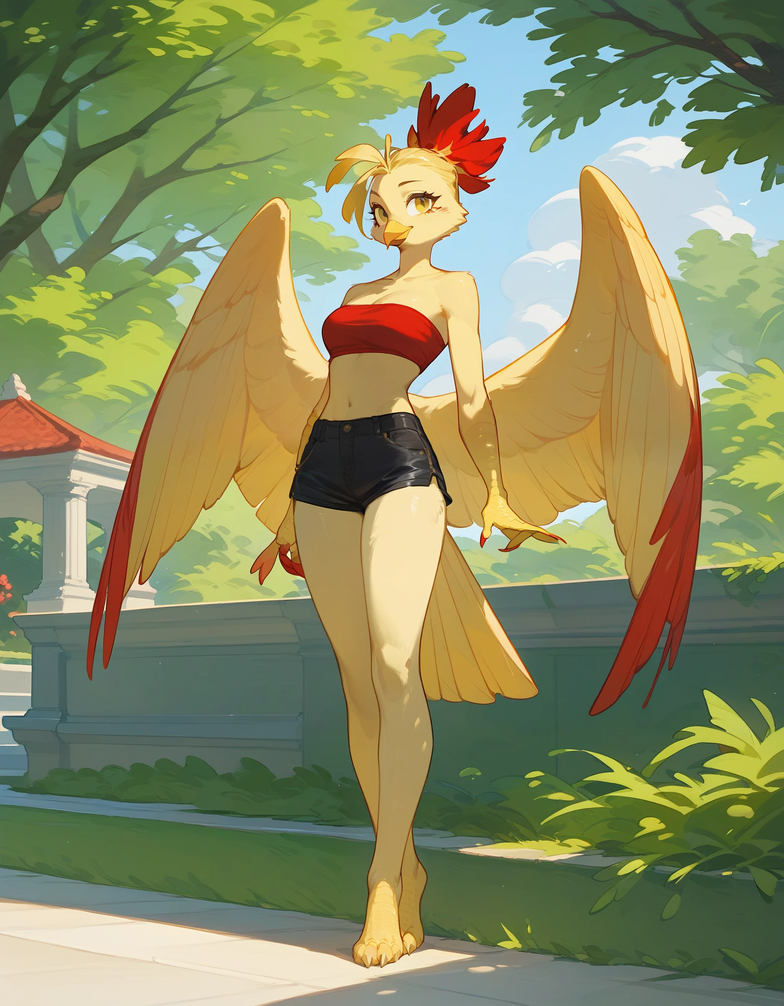 score_9, score_8_up, score_7_up, an Anthro phoenix girl, avian female, red and yellow body, spikey yellow hair, wearing elegant Haori, red bandeau, black short shorts, barefoot, standing, closed wings, yellow eyes, outdoors, at a park, seductive