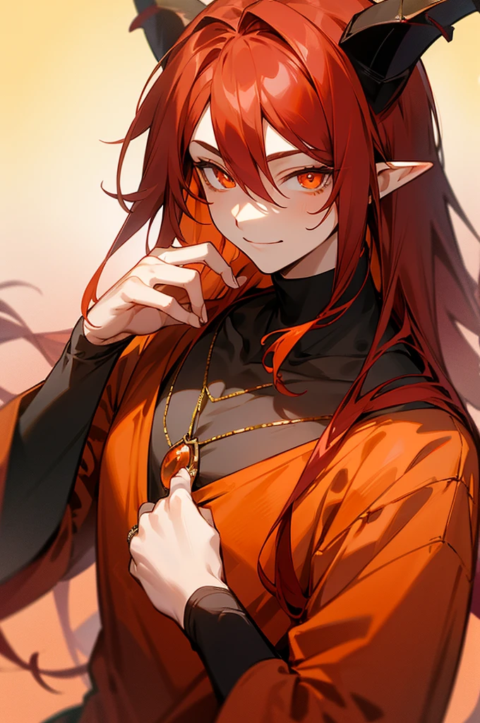 masterpiece, ssambatea, 1boy, solo,long hair, looking at viewer, smile, simple background, hair between eyes, jewelry, closed mouth, upper body, flower, red hair, horns, pointy ears, hand up, necklace, orange eyes, gradient, gradient background, dark red clothing, ring, fire, bright pupils,
