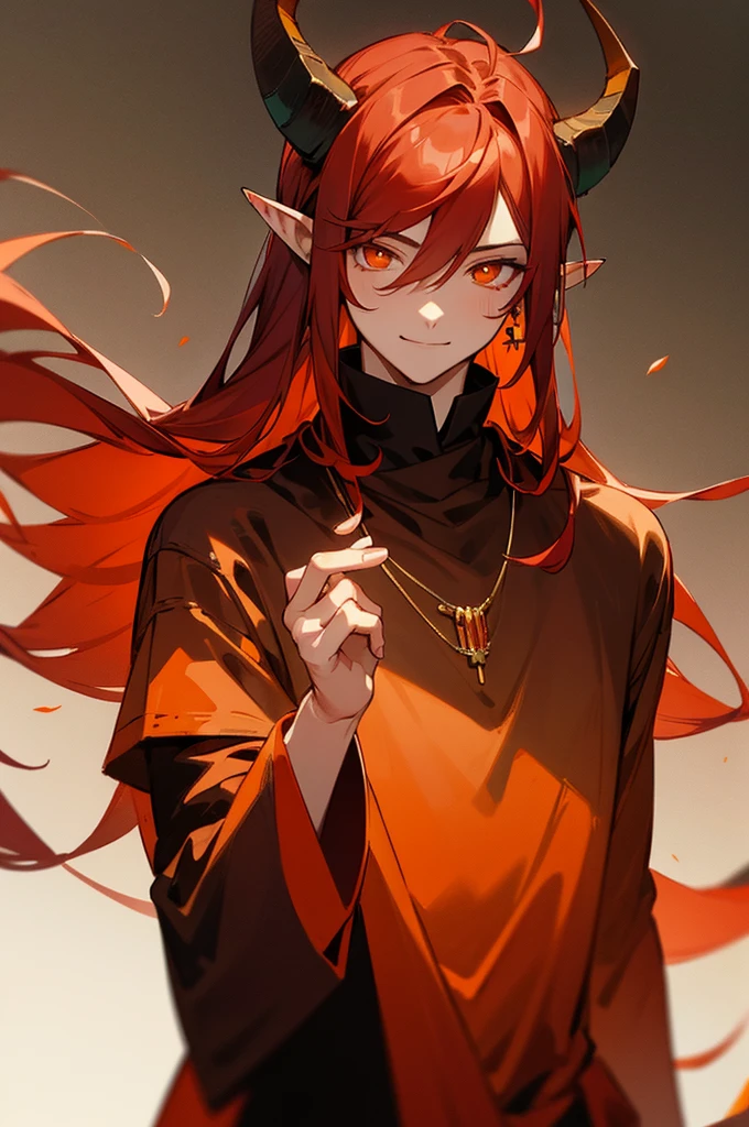masterpiece, ssambatea, 1boy, solo,long hair, looking at viewer, smile, simple background, hair between eyes, jewelry, closed mouth, upper body, flower, red hair, horns, pointy ears, hand up, necklace, orange eyes, gradient, gradient background, dark red clothing, ring, fire, bright pupils,
