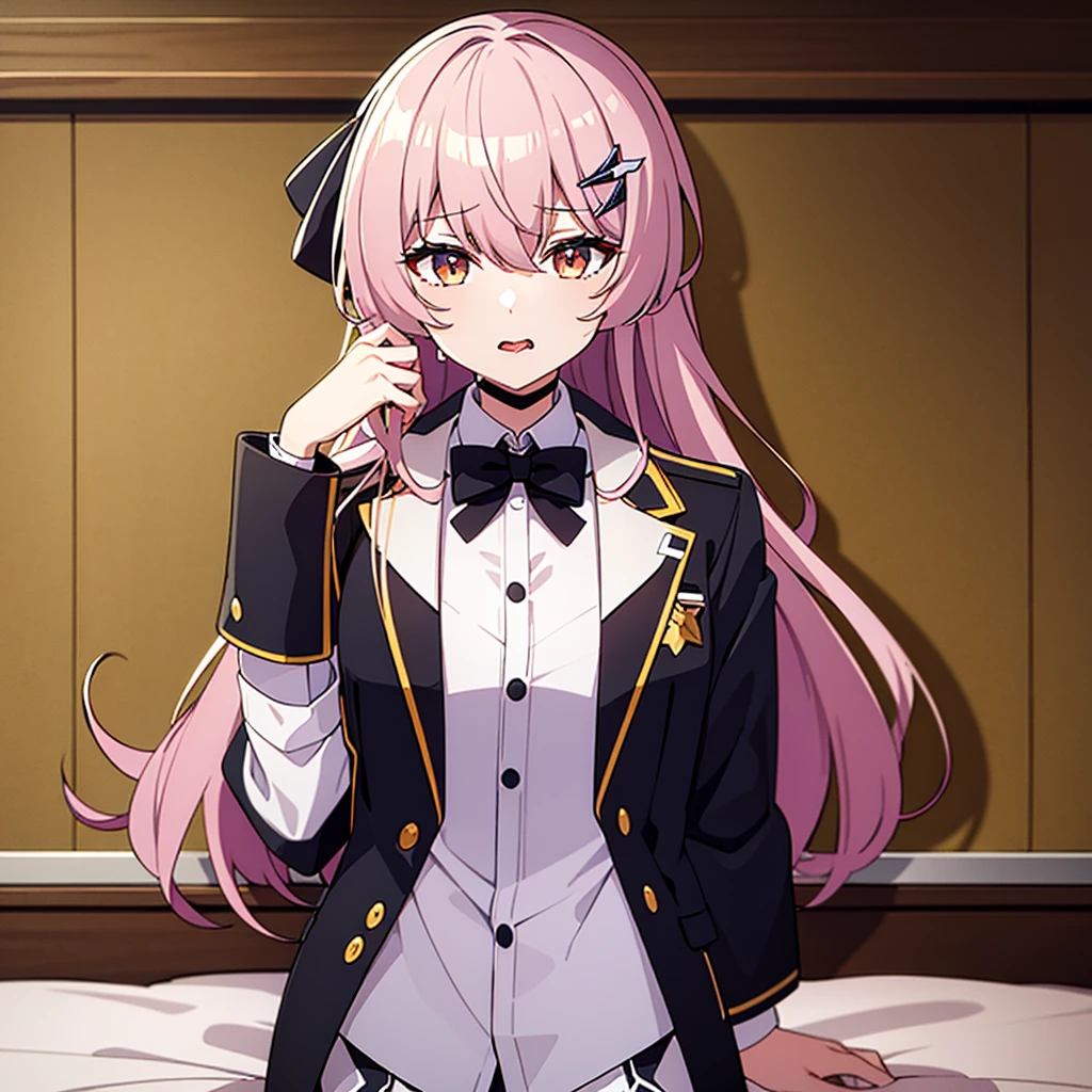 masterpiece, top quality,blazer,one girl,Honkai_(row), simple_Background, shirt, Head_tape, Open_jacket, Green_tape, Side lock, with a collar_shirt,hair_ornament, hair_reception, Honkai:_star_rail, tape, jacket, black_jacket,Open_cloth, school_uniform, One, hairclip,Bed,Open your mouth and stick out your tongue,Dripping saliva,