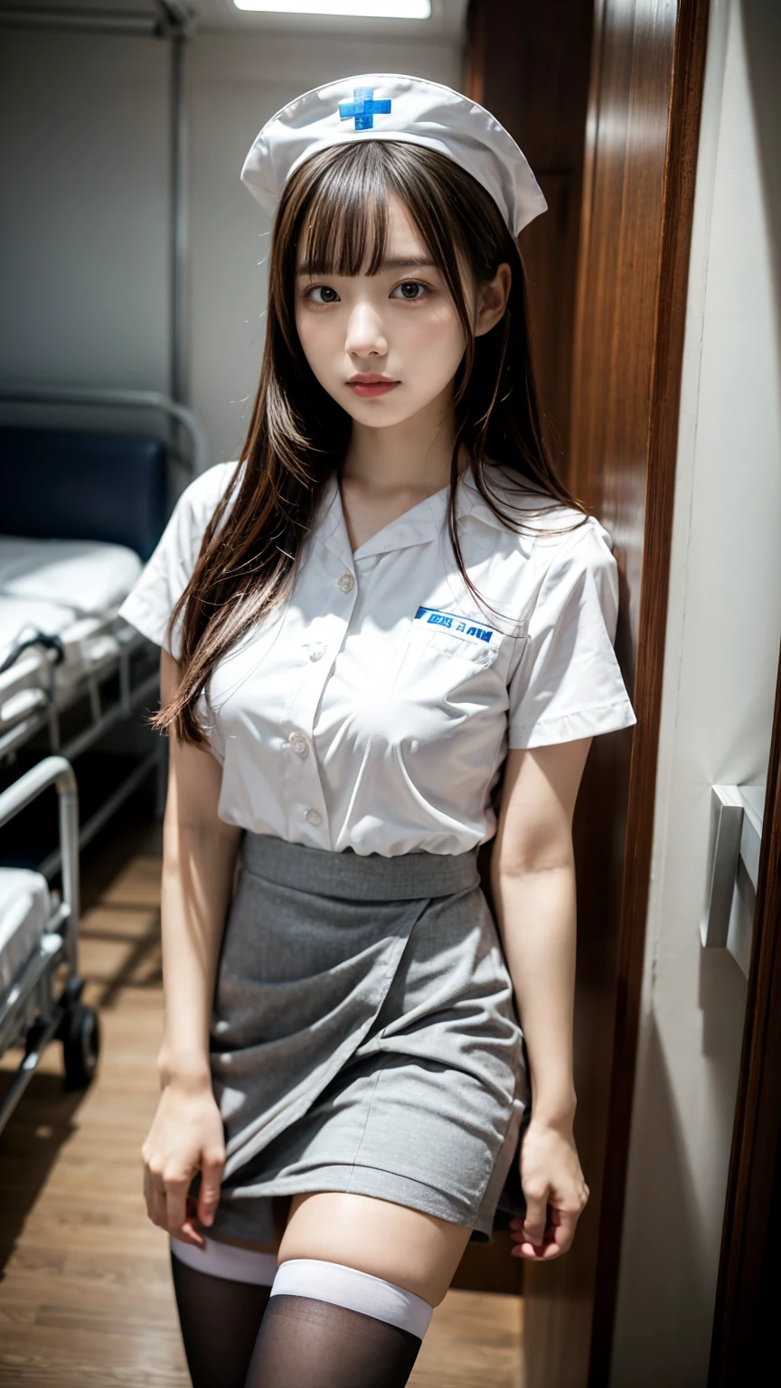 (8K, RAW Photos, Highest quality, masterpiece:1.2), (professional photography, full colors, studio-caliber color grading), (Gravure quality for high-end fashion magazines),  BREAK,18 year old girl, (boyish:1.15), (mannish:1.1), Big Natural Color Lip, (smooth skin:1.1), (huge breasts:1.0),  BREAK (White nurse cap、White tights、White nurse uniform、to stand、Hand skirt、Flipping up a white skirt), BREAK, hospital room