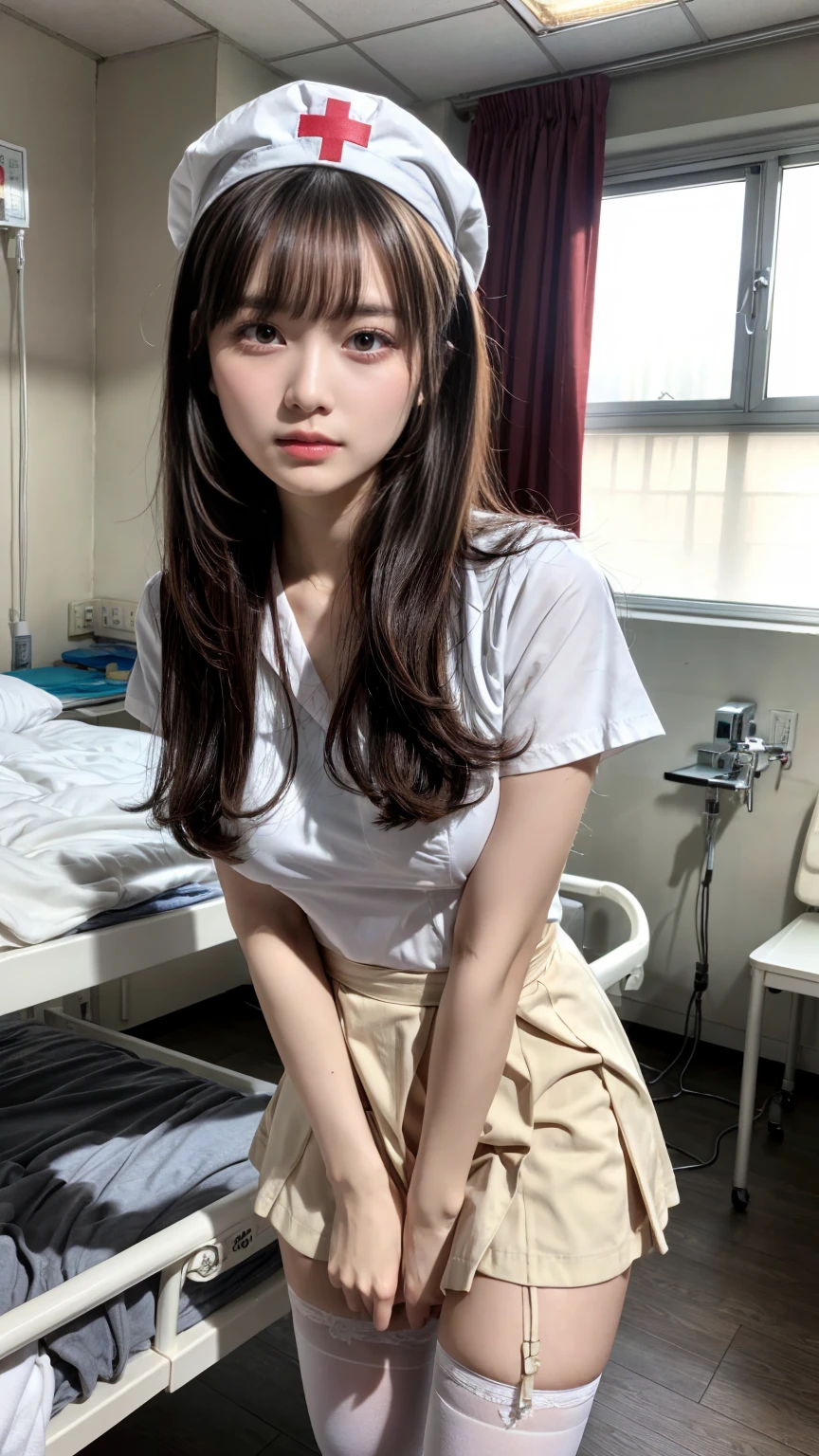 (8K, RAW Photos, Highest quality, masterpiece:1.2), (professional photography, full colors, studio-caliber color grading), (Gravure quality for high-end fashion magazines),  BREAK,18 year old girl, (boyish:1.15), (mannish:1.1), Big Natural Color Lip, (smooth skin:1.1), (huge breasts:1.0),  BREAK (White nurse cap、White tights、White nurse uniform、to stand、Hand skirt、Flipping up a white skirt), BREAK, hospital room