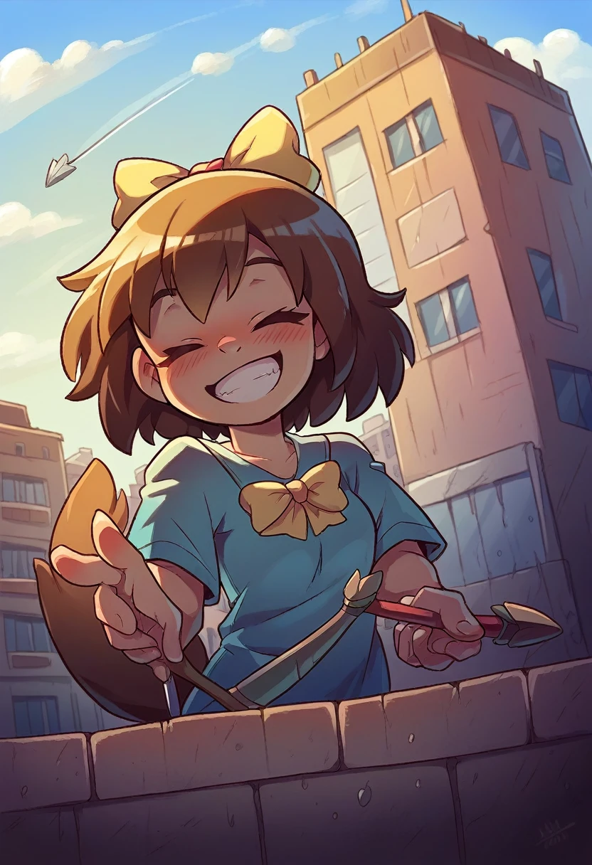 1 girl, alone, broad, blush, SMILE, Brown hair, bow, two tails, Closed eyes, weapon, short sleeves, hair bow, sky, day, blue sky, building, in front of the viewer, yellow bow, bow (weapon), ARROW (projectile)