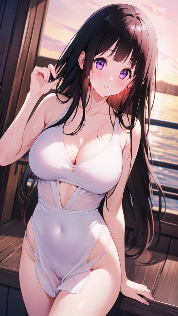 Beautiful Chitanda,只有一个beautiful girl,Purple Eyes, Black Hair, Natural straight hair, Straight bangs,Extremely refined,open your lips,Face is so red,Very white skin,Skin as delicate as porcelain,Glowing skin,big eyes,Flowing long hair,beautiful girl, Like a dream,Slim,Slim waist,Soft, (Sensual), (Kawaii), Dream quality,Loose white transparent dress,High slit,Sweaty and sweaty,Wet skin,Side breasts,Underwear Rain,Hand high,Keep your head up and your chest out,Standing on the bridge,(Completely naked),Gluteal groove,Completely naked的背部,nacked hip,very close,Deep V neckline,Loose neckline,Beautiful big breasts,No pants,nopan,no pants,Bare shoulders,There are no shoulder straps,Exposed collarbone,Delicate clavicle,Delicate hands and feet,Bare neck,There are no clothes around the neck,Bare thighs,Exposed groin,Camel toe,extremely shy,Ultra-high resolution, (masterpiece:1.2, best quality), (Delicate and beautiful eyes: 1.2), (Beautiful and delicate face)