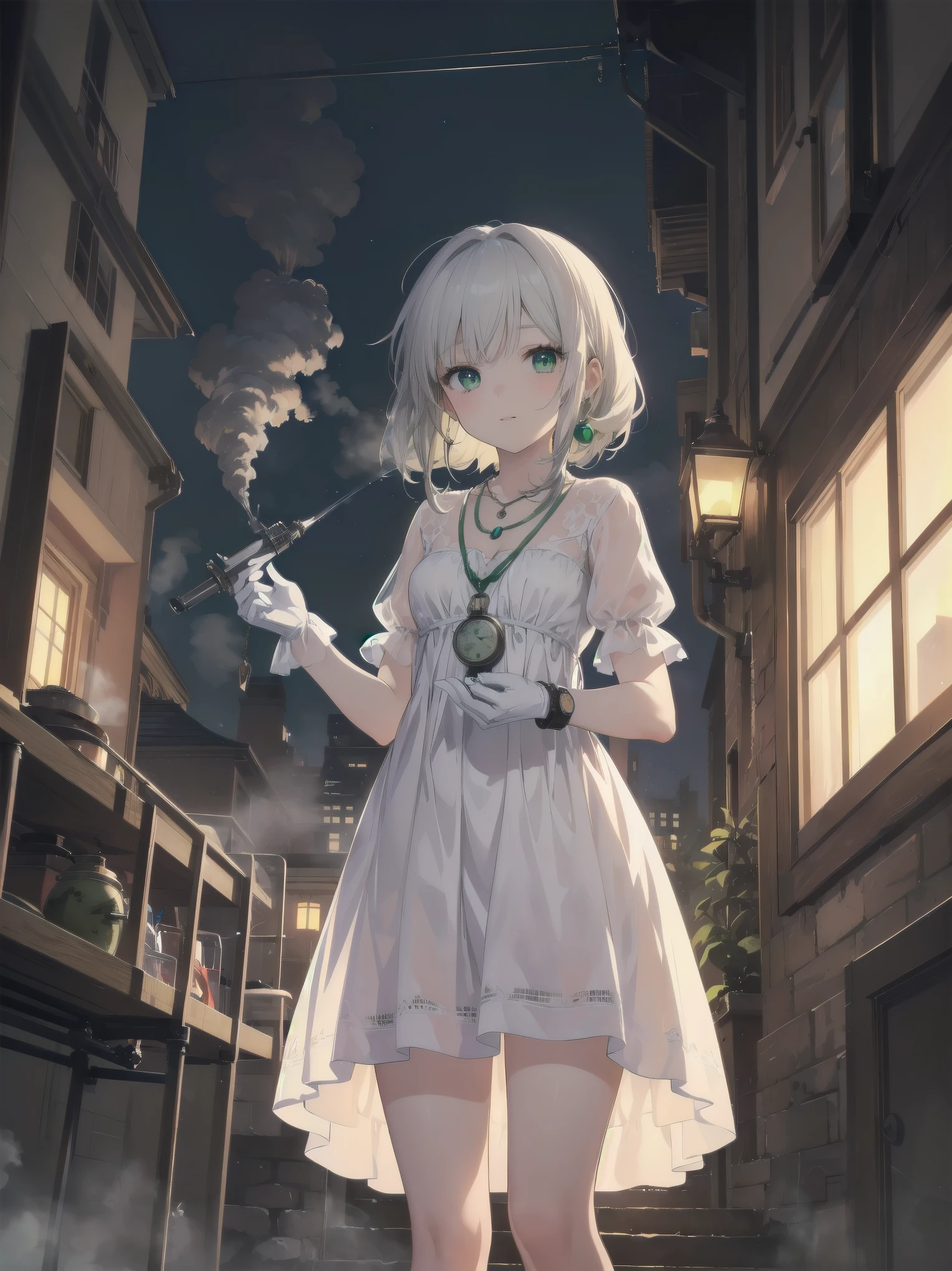(masterpiece:1.2), (Highest quality:1.2), Ultra-high resolution, Very detailed, break, ((Anime girl standing with a pocket watch in her hand)), Surreal Girl, (1 person,Lolita,boyish, , 13 years old:1.3), A light smile, , The charm of androgyny, Long Hair, ((Platinum Hair)), Messy Hair, small and soft breasts,Slender body, Small Ass, Small green eyes,Fine and beautiful eyes, Well-proportioned iris and pupil, Expressive eyes, Beautiful and detailed lips, High resolution detailed hair, Perfect Eyes, Perfect Face, ultra high density skin, Full Finger, Perfect lighting, break, ((Light green necklace)), ((White Dress:1.3)), light green tie, Sparkling Sapphire, Lady, Wear white gloves, break, (steampunk), Castle balcony, Skyscraper, Night view, Equipment, pipe, (Steam spewing out from pipes:1.2), Fantasy, break, ((Positive:1.3)), break, Digital anime art,Anime style illustrations,Anime illustration