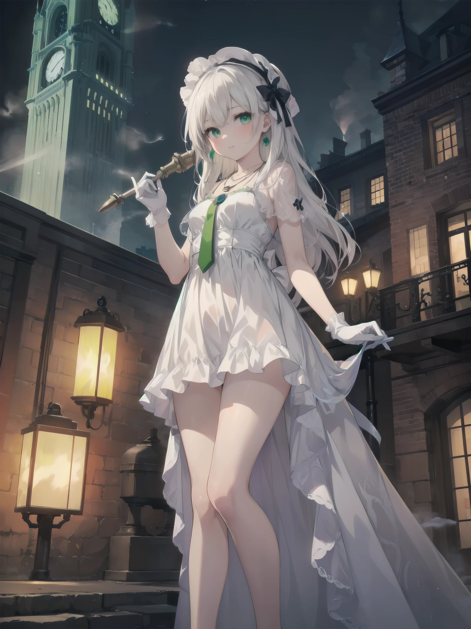 (masterpiece:1.2), (Highest quality:1.2), Ultra-high resolution, Very detailed, break, ((Anime girl standing with a pocket watch in her hand)), Surreal Girl, (1 person,,boyish, , 13 yea A light smile, , The charm of androgyny, Long Hair, ((Platinum Hair)), Messy Hair, small and soft breasts,Slender boll Ass, Small green eyes,Finnd beautiful eyes, Well-proportioned iris and pupil, Expressive eyes, Beautiful and detailed lips, High resolution detailed hair, Perfect Eyes, Perfect Face, ultra high density skin, Full Finger, Perfect lighting, break, ((Light green necklace)), ((White Dress:1.3)), light green tie, Sparkling Sapphire, Lady, Wear white gloves, break, (steampunk), Castle balcony, Skyscraper, Night view, Equipment, pipe, (Steam spewing out from pipes:1.2), Fantasy, break, ((Positive:1.3)), break, Digital anime art,Anime style illustrations,Anime illustration