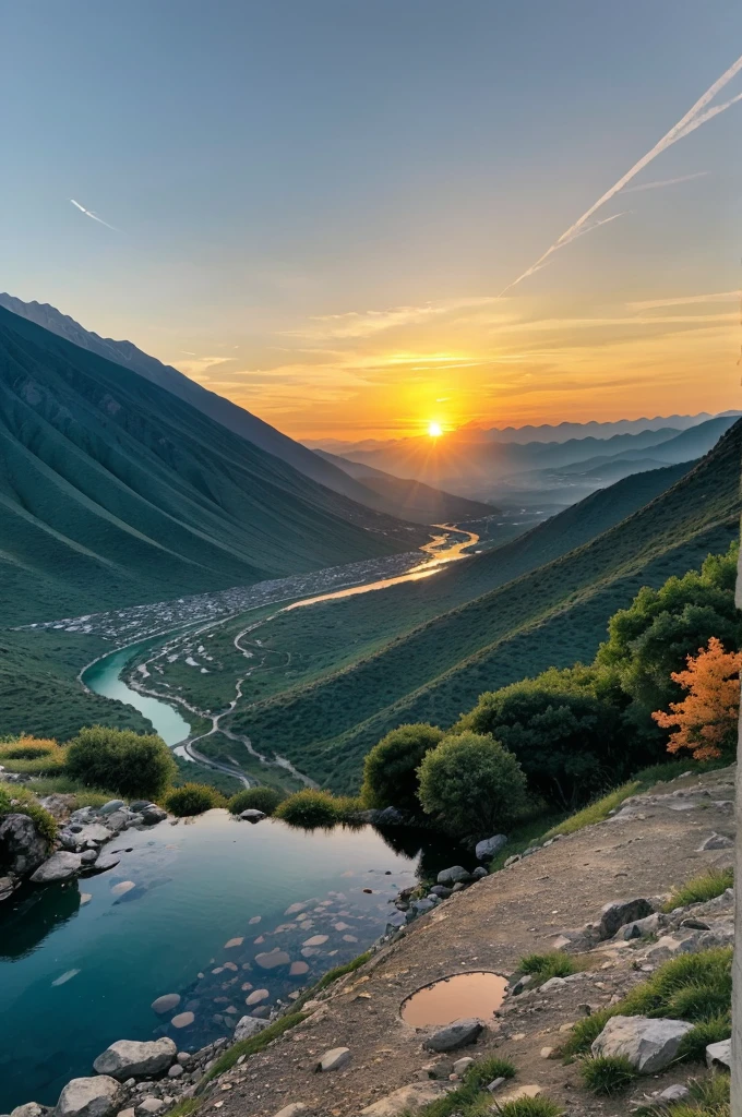 There are mountains all around. A boy is standing on one peak. The mountains are green. A river is flowing between the mountains. There is a big pond below the mountains. The sun is setting in the sky. The color of the sky has turned light orange. Birds are flying in the sky.