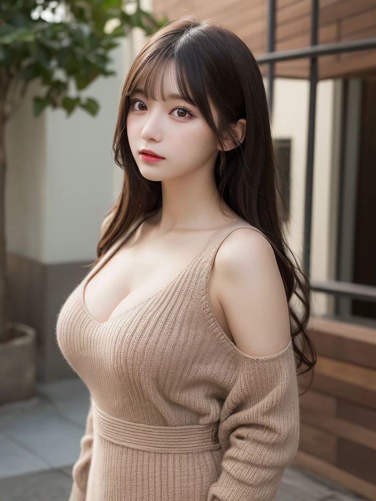 masutepiece, Best Quality, Illustration, Ultra-detailed, finedetail, hight resolution, 8K Wallpaper, Perfect dynamic composition, Beautiful detailed eyes,  Natural lips, Red knitted dress , Big breasts, cleavage