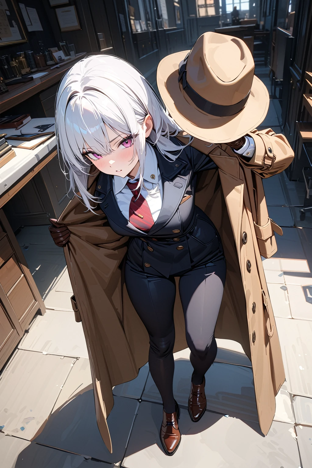 (masterpiece, best quality:1.5), (ultra detailed, high resolution, 8k, beautiful detailed, UHD, best anatomy), white hair, flat breasts, 1 sleuth, Trench coat, Fedora hat, business suit, Leather gloves, Leather shoes, Magnifying glass