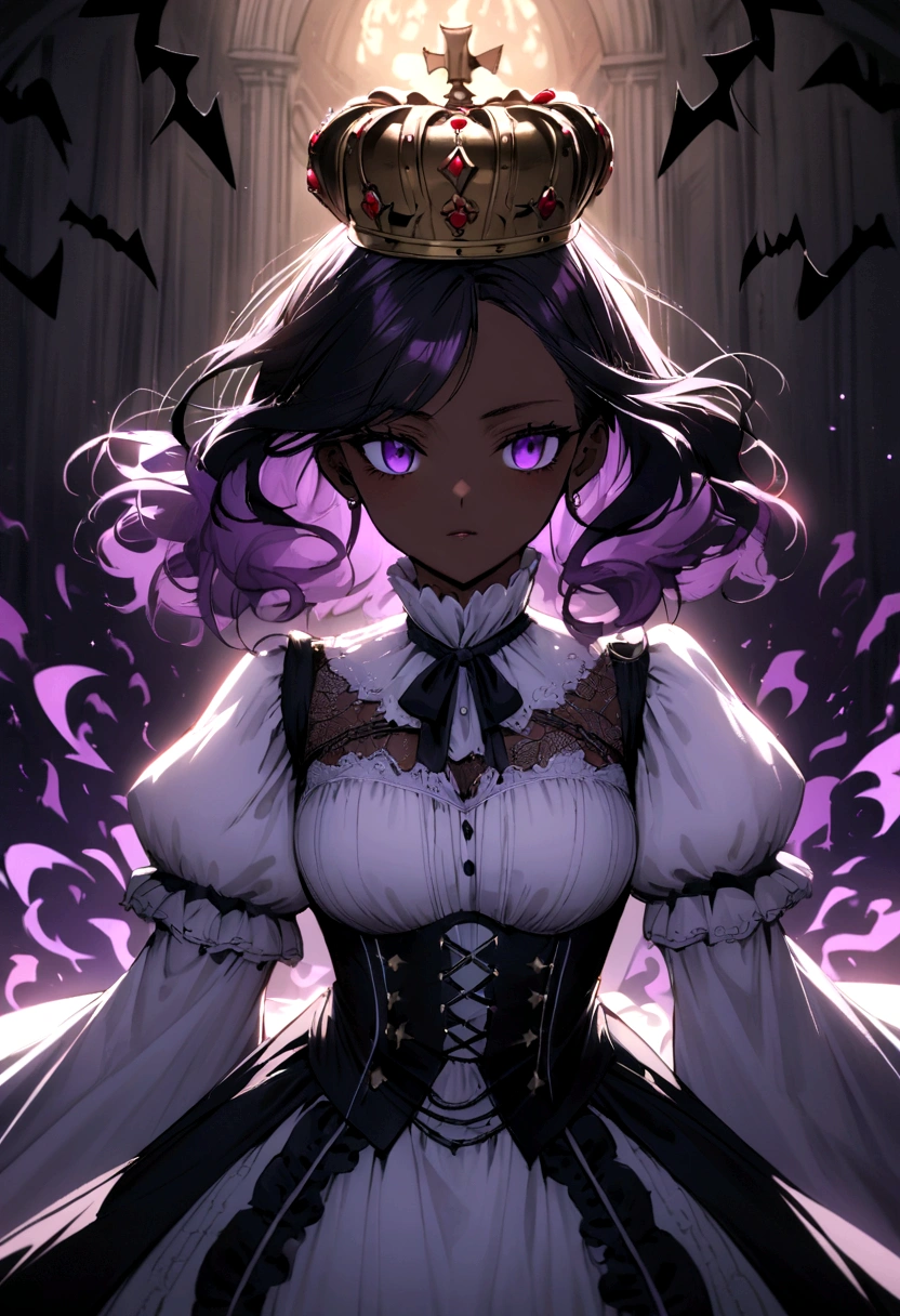 make an adult woman with dark skin, princess of a castle, her hair is white and black in a duality and details, lilac or purple eyes, wearing a white Victorian era dress with red embroidered flowers around it, with a crown on his head, A menacing look