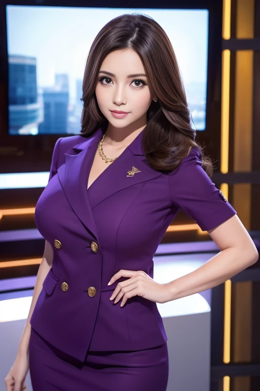 （One big breasted lady、，masterpiece，（Long legs，Long legs），Highest quality，Hyper Detail，Awareness-raising，Very popular news anchor、Delivering the news with passion、Strict news anchor、Television Studio、Detailed eyes and face） charm：Brunette color hair，Natural Makeup，Random color clothes（Purple eyes：1.05），Round Breasts，View your viewers，solo，Mature Woman，Military career