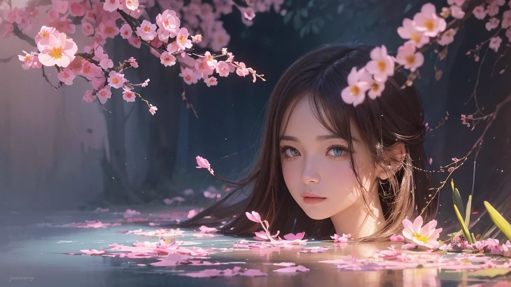 32k, Masterpiece, Highest quality, One girl, Brown Hair, Detailed eyes, flower,Freesia, Pink and navy style,A dreamy, romantic piece,Pale yellow, Mysterious Leaves,A playful arrangement,Fantasy,High Contrast,Ink strokes,explosion,Exposure, Impression of pink and navy tones,Abstract,((Watercolours by John Berkey and Jeremy Mann )) Brush strokes,Negative Space, Tyndall effect,