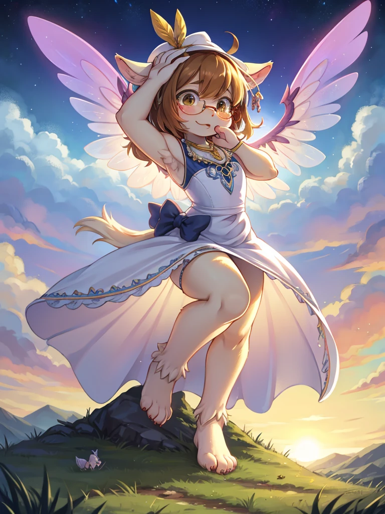 Hallucination , ugly geek Sow , butterface , relaxed Fluttering white thin dress , Dancing on the top of hill , halation , Strong sunlight , The fabric is see-through, so your skin is visible