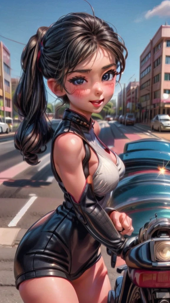 A beautiful girl riding a large motorcycle, overtaking the car next to her and flashing a smile, full body view, highly detailed, realistic, photorealistic, 8k, hyper detailed, cinematic lighting, vibrant colors, dynamic composition