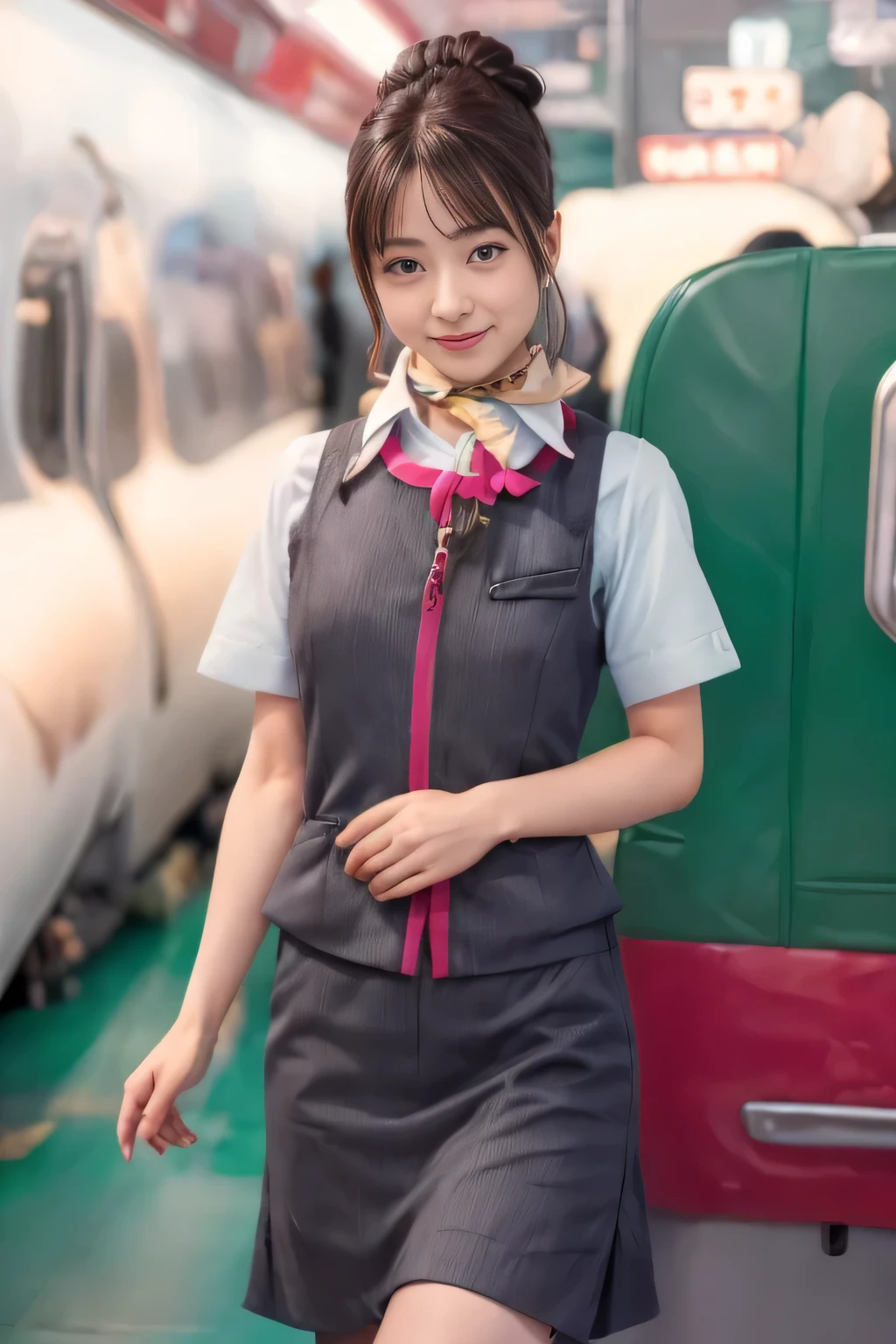 (masterpiece:1.2, Highest quality:1.2), 32k HDR, High resolution, (alone、One girl)、（At the station platform、Professional Lighting）、Empty train station platform background、（Realistic style of JR Gran Class crew uniform）、Short sleeve blouse、a scarf around the neck、（JR Gran Class flight attendant uniform with pink parts on the skirt sleeves）、（The uniform of a flight attendant in JR Gran Class has a pink line on the front zipper of the vest.）、Dark brown hair、（Chignon、Hair tied up）、Dark brown hair、Long Shot、Big Breasts、（（Great hands：2.0）），（（Harmonious body proportions：1.5）），（（Normal limbs：2.0）），（（Normal finger：2.0）），（（Delicate eyes：2.0）），（（Normal eyes：2.0））)、Big Breasts、Luxury Necklace、smile、Beautiful standing posture,Place your hands around your stomach