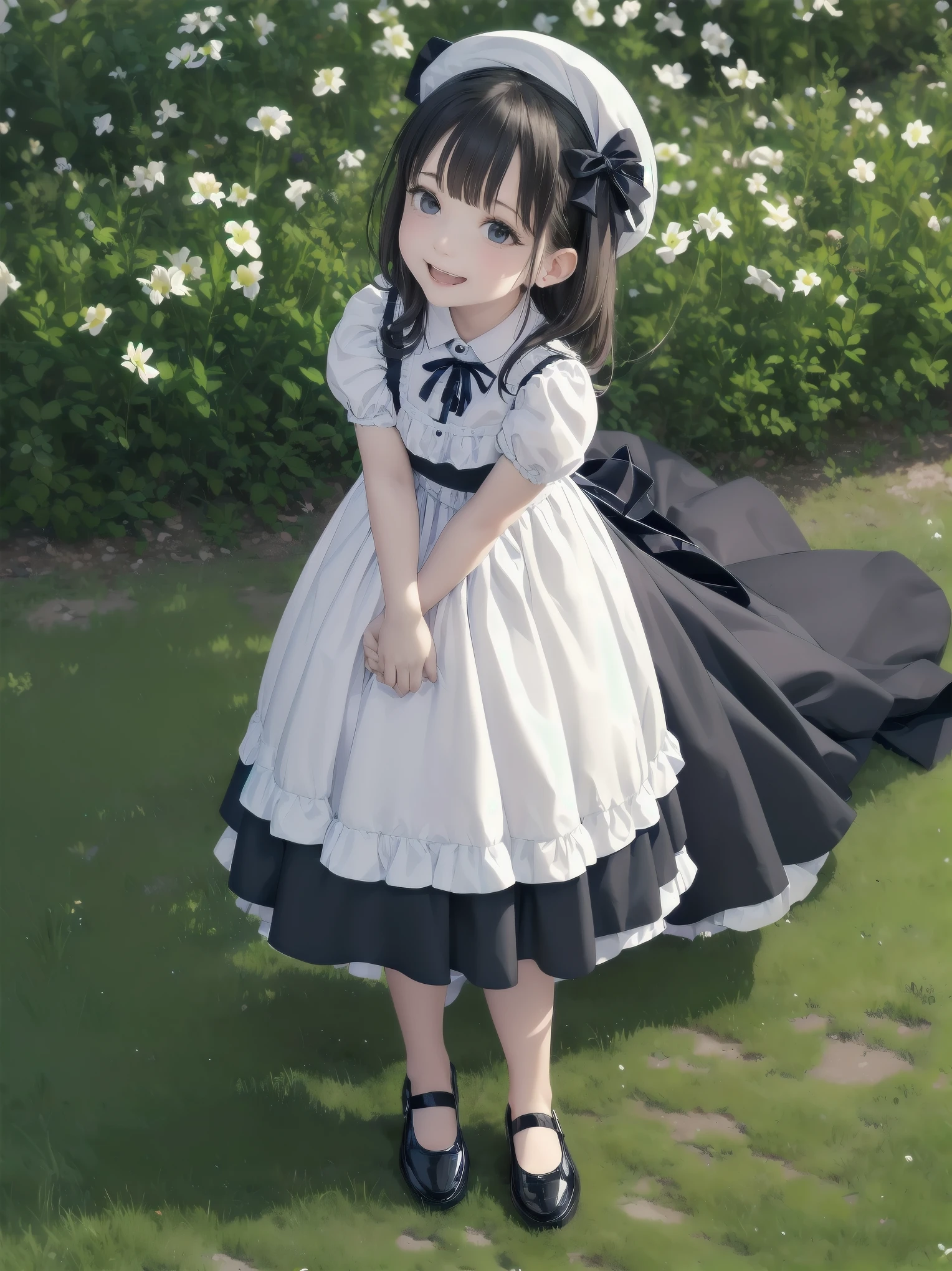 A serene outdoor scene unfolds at dusk, with a brilliant blue sky transitioning into a canvas of twinkling stars. A beautiful young girl, dressed in a stunning white and black gothic maid dress adorned with a navy blue ribbon, stands amidst lush green grass. Her companion, a delightful ddler, dons a charming maid hat with ruby accessories, complemented by black stockings and shoes. The line beams with joy, smiling brightly as they gaze up at the celestial display together