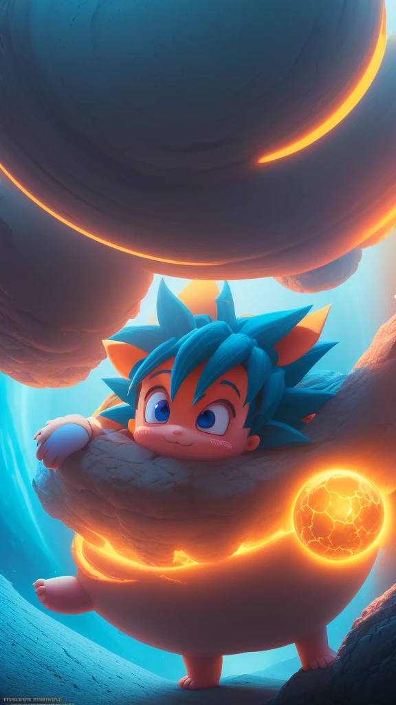 Cute and adorable cartoon goku baby, fantasy, dreamlike, surrealism, super cute, trending on artstation, cinematic, dramatic colors, close-up, cgscociety, computer rendering, by mike winkelmann, uhd, rendered in cinema4d, hard surface modeling, 8k,render octane, inspired by beksinski
