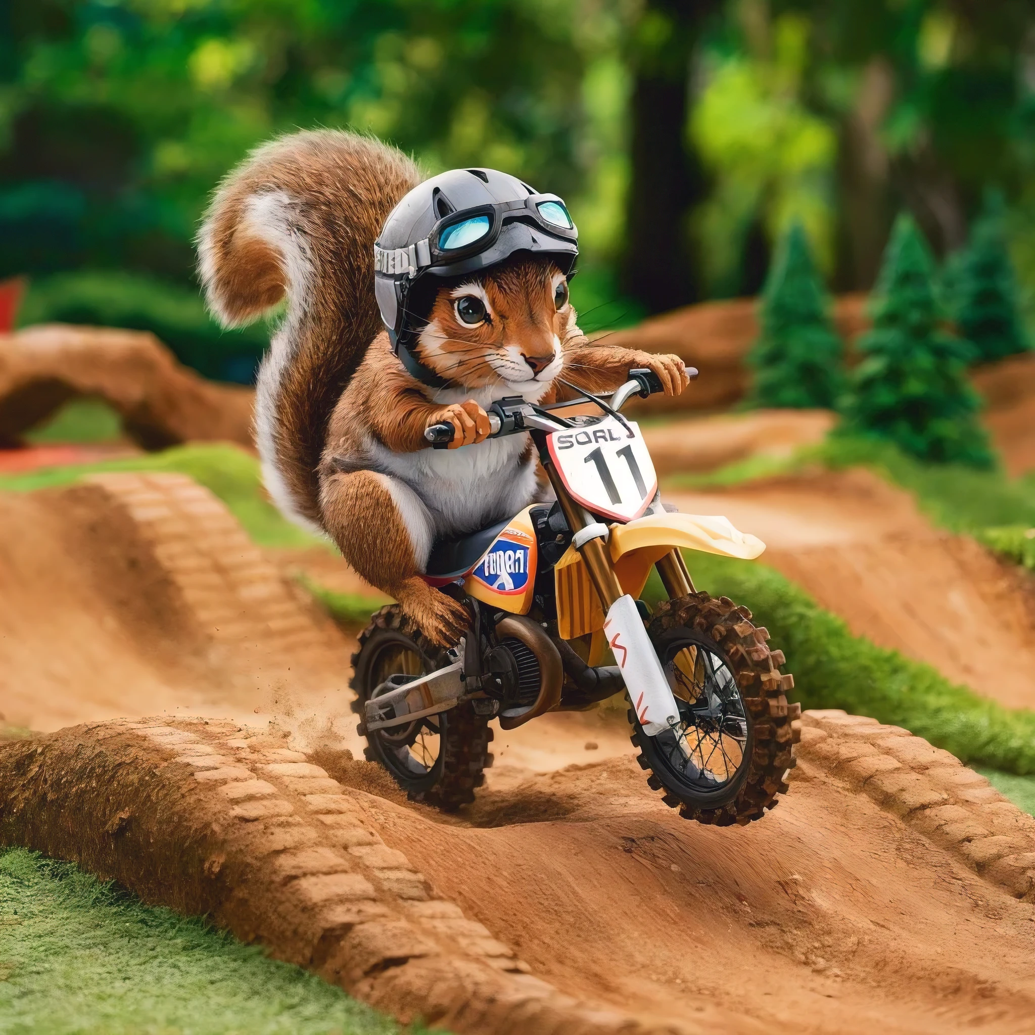 A playful and whimsical illustration of a squirrel skillfully riding a miniature motorcross bike. The squirrel wears a tiny helmet with goggles and grips the handlebars with its front paws. The bike is adorned with tiny tires and a number plate that reads 'SQRL1'. The background features a miniature dirt track with jumps and turns, surrounded by a lush green forest. The overall atmosphere is lighthearted and full of energy., illustration