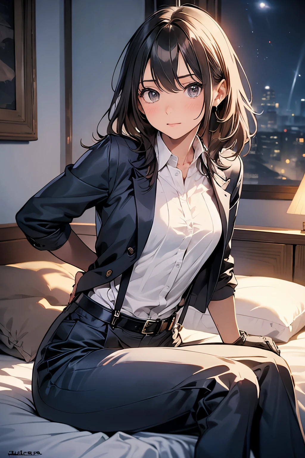 suspenders Moderate breasts Small face holster Beautiful woman Lying in bed Looking up Sweat belt summer 脇Sweat Black Hole Gloves suit shirt Black jacket Black trousers Leg Links ズボンにbelt