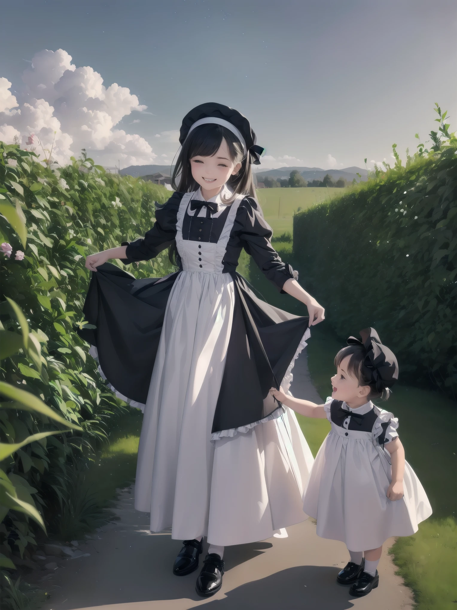 A 20-year-old female maid and a 6-year-old girl, 20-year-old woman wearing traditional maid uniform, The 6-year-old girl is wearing a light blue dress., 6 year old girl wearing ribbon headband, 20 year old women wear heavy makeup, Beautifully detailed face, A 6-year-old girl is wearing glasses, Natural sunlight, 20 year old woman has blue hair, They are standing under a cherry tree, Professional family photos, 6 year old girl laughing, A 20-year-old woman is staring at a young girl, A 20-year-old woman is 170 cm tall., Anatomically correct body, A 6-year-old girl is 100cm tall, A 6-year-old girl is making a peace sign with one hand, 20 year old woman hugging, Red lipstick, A 20-year-old woman is wearing a black skirt with frills, Chic pumps, 6-year-old girl has twin tails, 20 year old woman in garter belt and white stockings, They are both smiling., A 20-year-old woman is holding a 6-year-old girl in her arms, Two very cute people, Draw two faces in detail, The 6-year-old girl is wearing a long skirt, The 6-year-old girl has a very young face., Anatomically correct number of hands, The 6-year-old girl has blonde hair., The 6-year-old girl is British., Anatomically correct leg shaping, The two of them are beneath a magnificent row of cherry blossom trees.,