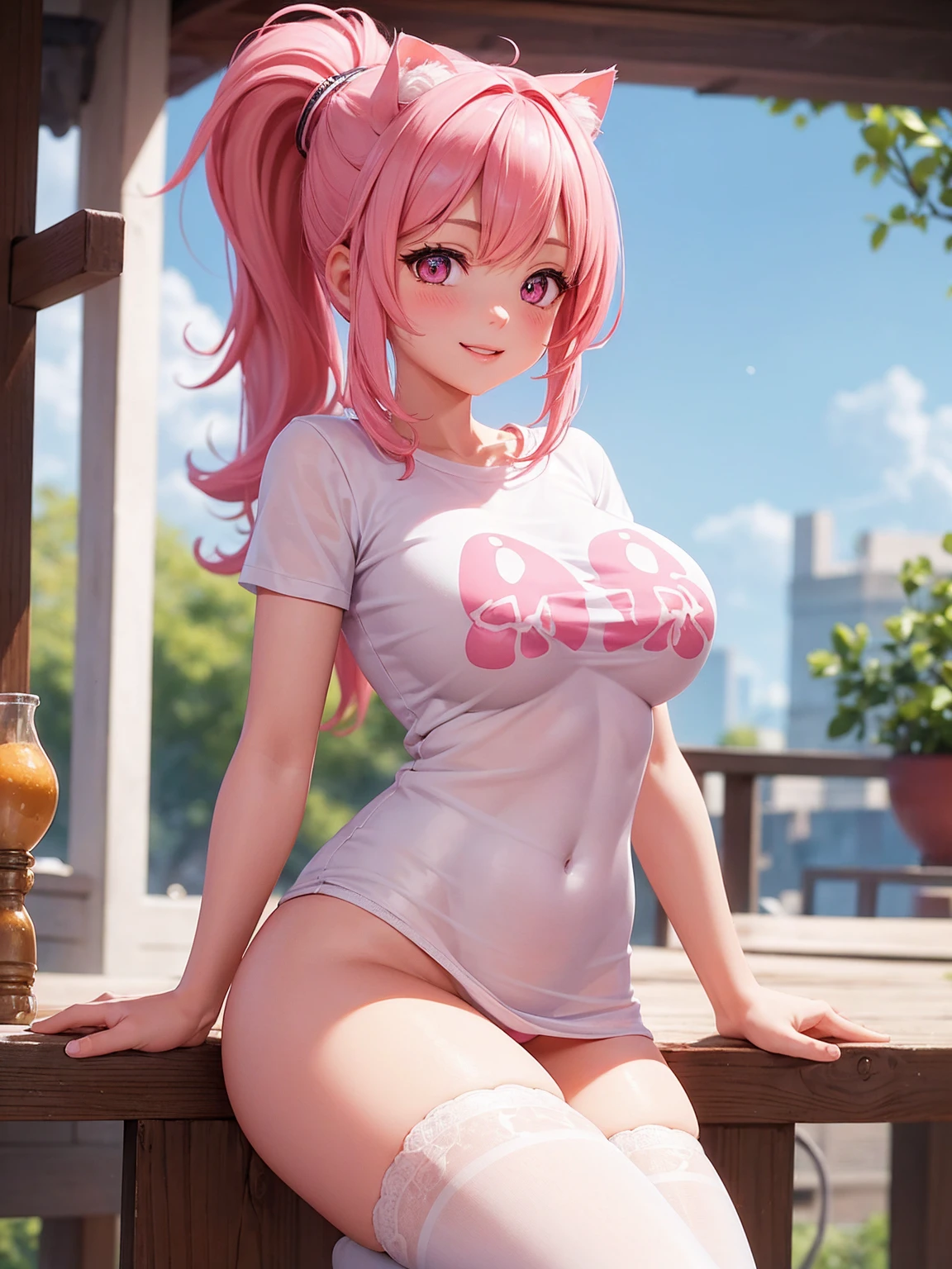 8k quality,hdr,sunlight,full body,Solo girl, naked girl,pink t-shirt,((Long white T-shirt with cat printed，Onepiece)), ponytail hair, medium hair,cute face, crazy smile face, pink eyes,(heart-shaped pupils:1.1), ultra hd,pink panty, without bra, big breast, extra large nipples, big ass, cute pussy,white stockings,outline thick,without dress, sexy figure, pink lips,View your viewers, on father's room 