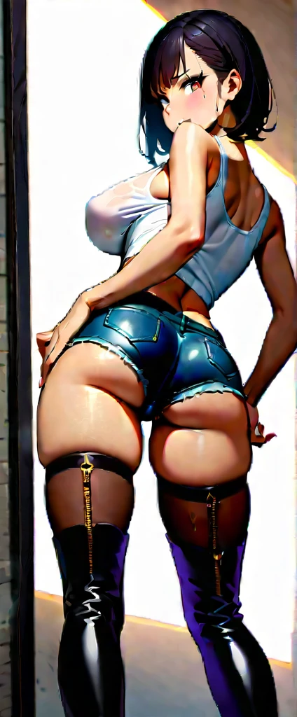 High resolution, woman , good lighting, despicable, , (No nudity), (((jean shorts))), ((white sports bra)), (((leather thigh high boots))), (), abdomen only, (wet shorts), , cute face, , ((white fluid in vagina)), ((black hair))turn around and look back, huge breats, looking at viewer