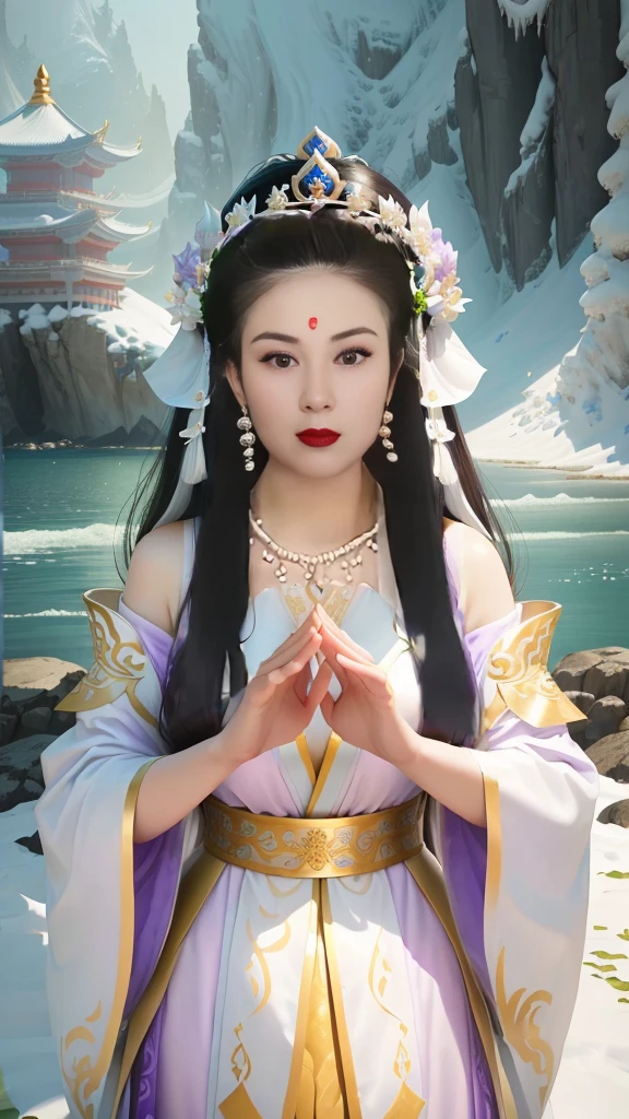 Wearing a purple dress、Wearing a crown、Arafi women covered in white sand, Beautiful fantasy queen, Queen of the Sea Mu Yanling, White Hanfu, Inspired by Lan Ying, Chinese Fantasy, Inspired by Gong Xian, Chinese Princess, Inspired by Zhang Yin, xianxia fantasy, palace ， Girl wearing Hanfu, Inspired by Huang Ji