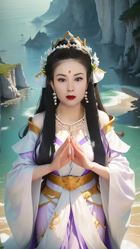 Wearing a purple dress、Wearing a crown、Arafi women covered in white sand, Beautiful fantasy queen, Queen of the Sea Mu Yanling, White Hanfu, Inspired by Lan Ying, Chinese Fantasy, Inspired by Gong Xian, Chinese Princess, Inspired by Zhang Yin, xianxia fantasy, palace , Girl wearing Hanfu, Inspired by Huang Ji