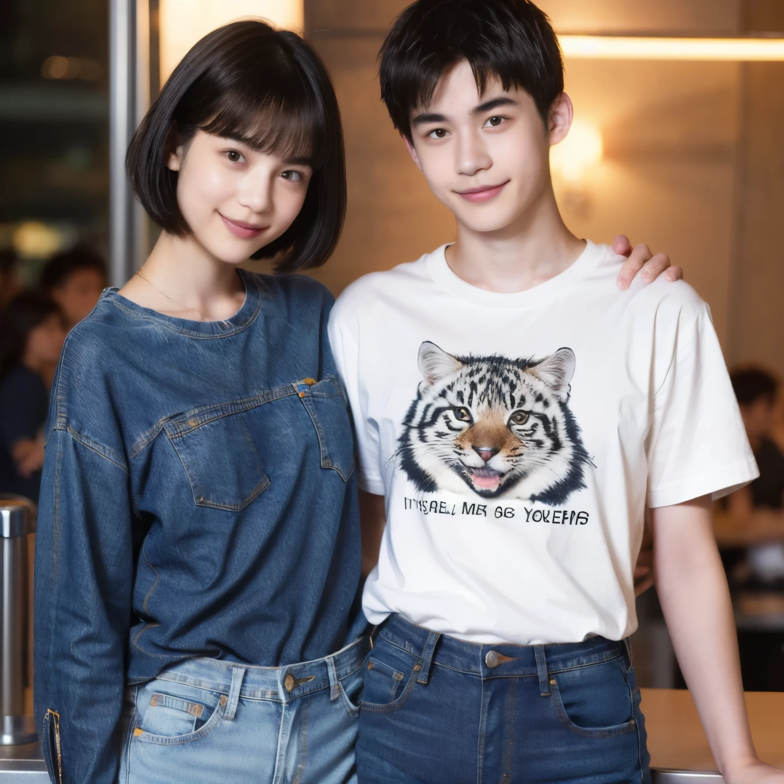 250 (An 18-year-old female and an 18-year-old male), (short hair),kind, lipstick, (jeans), (Animal charactersTshirt), smile