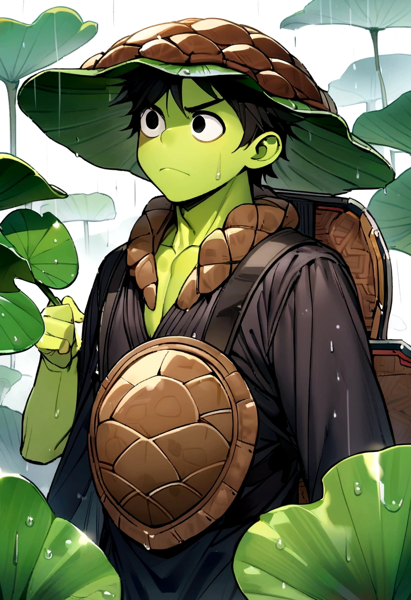 male kappa, black hair covering one eye, big round black eyes, yellow beak, green skin, brown turtle shell on back, holds lotus leaf to shield from rain, thin body
